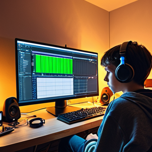 Home 4 **
A young artist in Stockholm, experimenting with audio editing software in a cozy, cluttered bedroom. Focus on the creative atmosphere and the determination in their eyes. Add subtle lighting to highlight the computer screen and musical equipment.
**