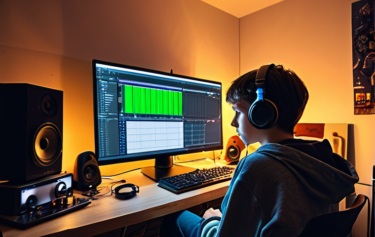 **

A young artist in Stockholm, experimenting with audio editing software in a cozy, cluttered bedroom. Focus on the creative atmosphere and the determination in their eyes. Add subtle lighting to highlight the computer screen and musical equipment.

**