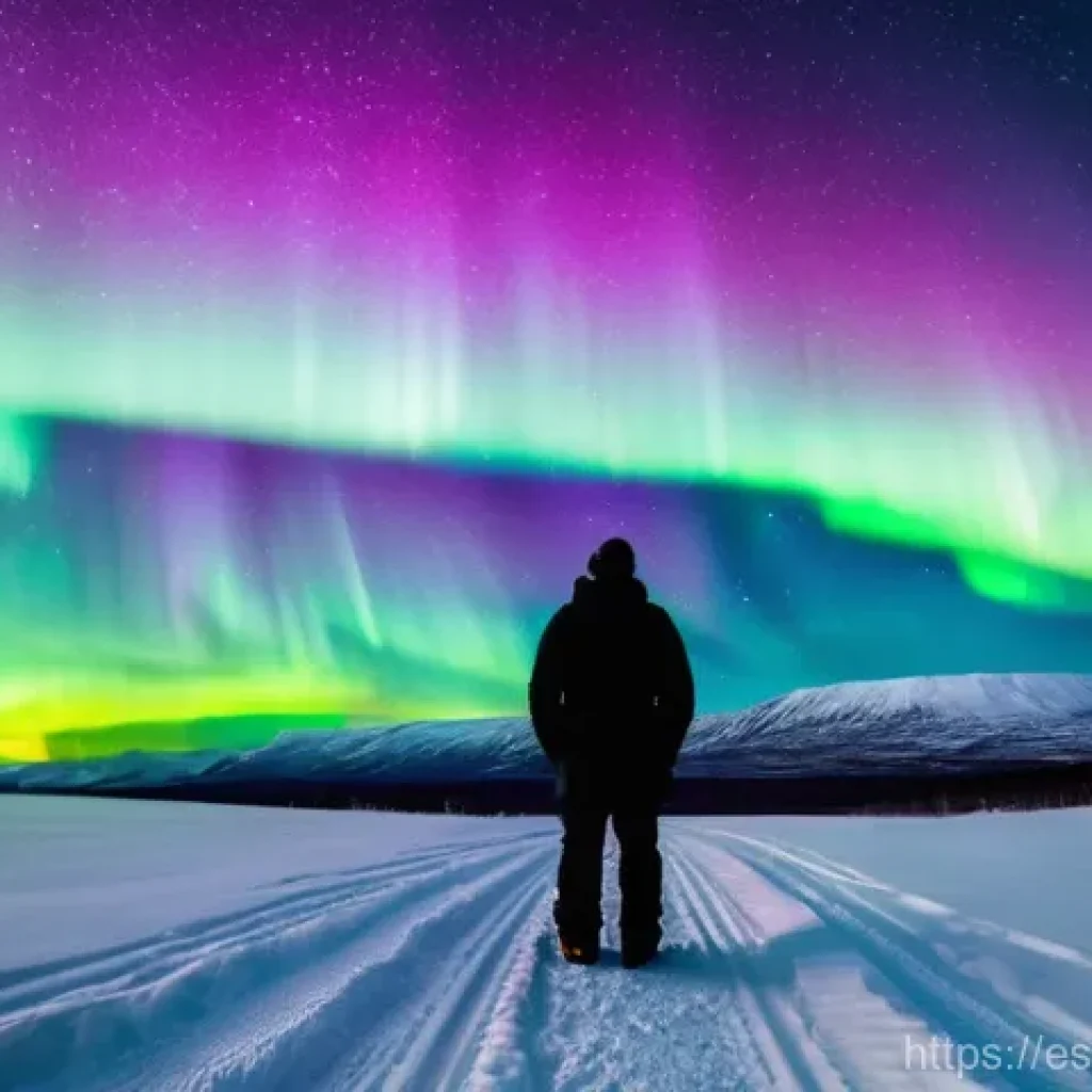 스웨덴 겨울 여행 추천 - **Prompt: Majestic Aurora Borealis over Swedish Lapland**
    A person, viewed from behind, stands i...