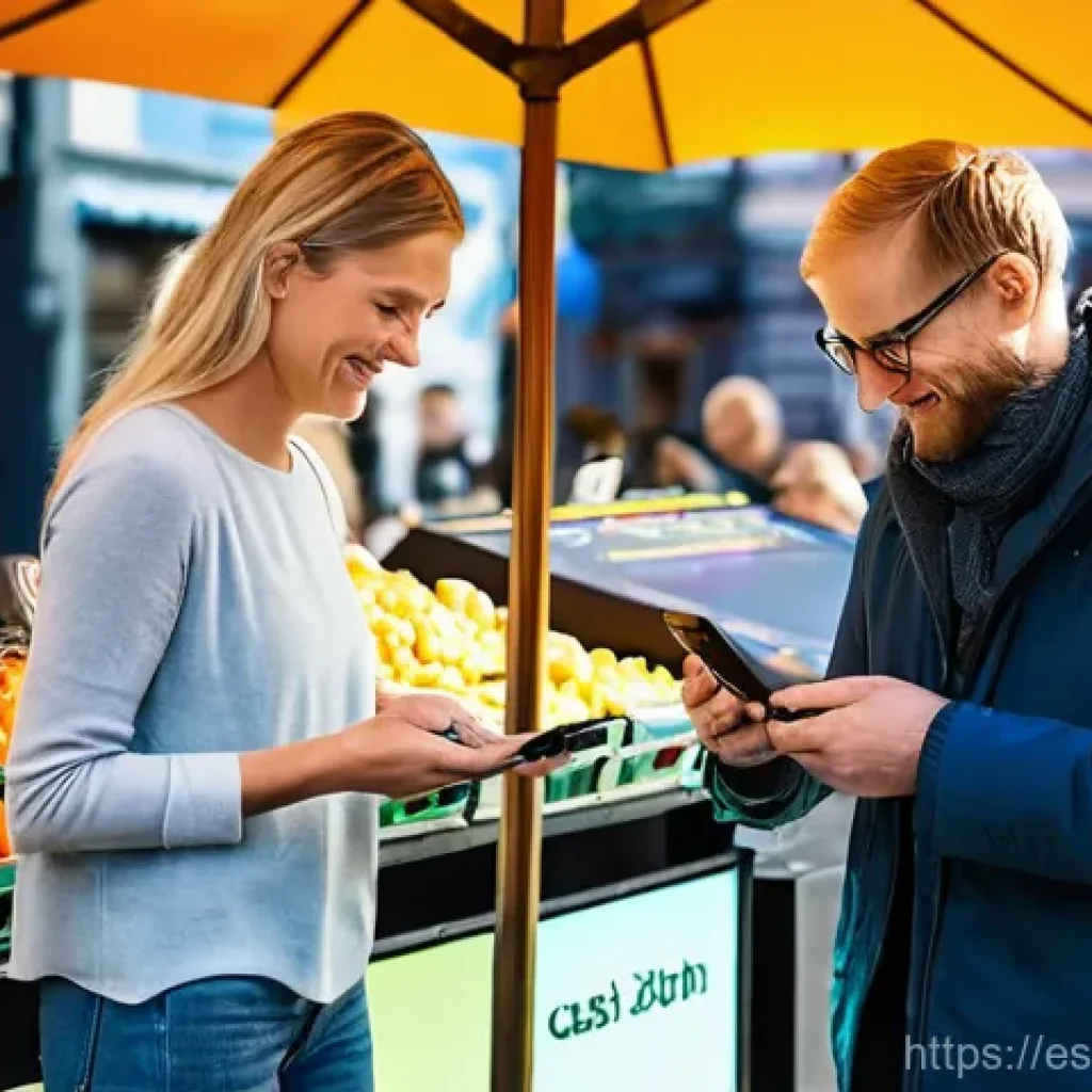 스웨덴의 핀테크 산업 - **Prompt: Seamless Digital Payments in a Swedish Market**
    "A vibrant, sunny outdoor market in St...