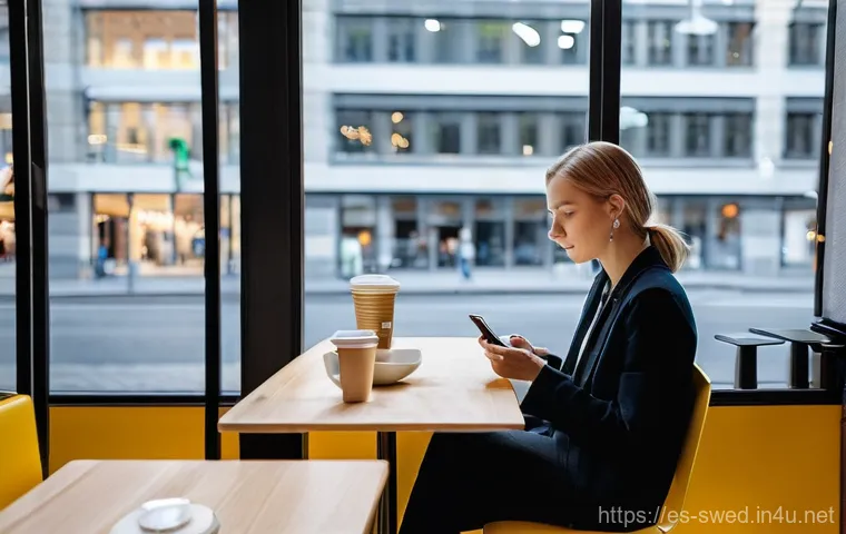 스웨덴에서 핸드폰 개통하는 법 - **Prompt:** A young adult, looking stylish and relaxed, sits at a modern, minimalist cafe table in a...