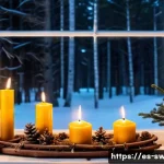 스웨덴 크리스마스 전통 - A cozy Swedish living room decorated for Christmas: warm glowing candles on a traditional advent wre...