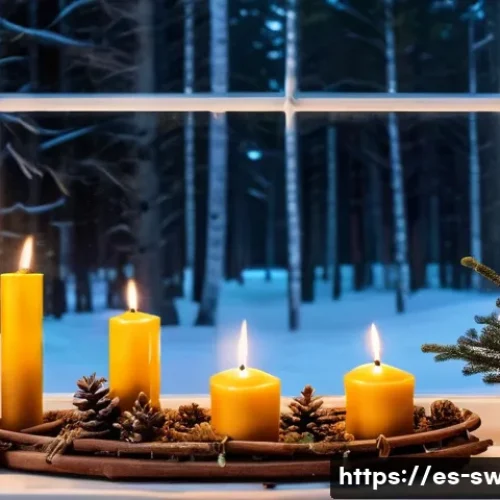 스웨덴 크리스마스 전통 - A cozy Swedish living room decorated for Christmas: warm glowing candles on a traditional advent wre...