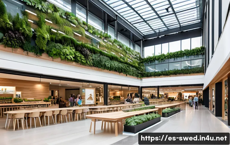 스웨덴의 대표적인 쇼핑몰 - A modern Scandinavian shopping mall interior bathed in natural light, featuring sustainable material...