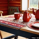 스웨덴에서 구매하면 좋은 제품 - A rustic wooden table set in a cozy Swedish countryside kitchen, featuring a small hand-painted Dala...