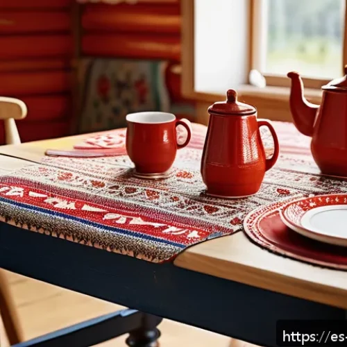스웨덴에서 구매하면 좋은 제품 - A rustic wooden table set in a cozy Swedish countryside kitchen, featuring a small hand-painted Dala...