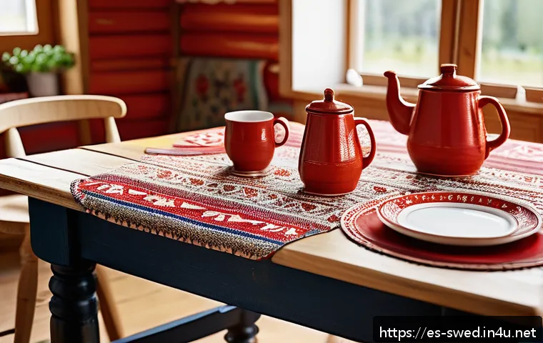 스웨덴에서 구매하면 좋은 제품 - A rustic wooden table set in a cozy Swedish countryside kitchen, featuring a small hand-painted Dala...