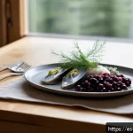 스웨덴의 유명 레스토랑 - A modern Swedish fine dining setting showcasing a minimalist wooden table set near a large window wi...